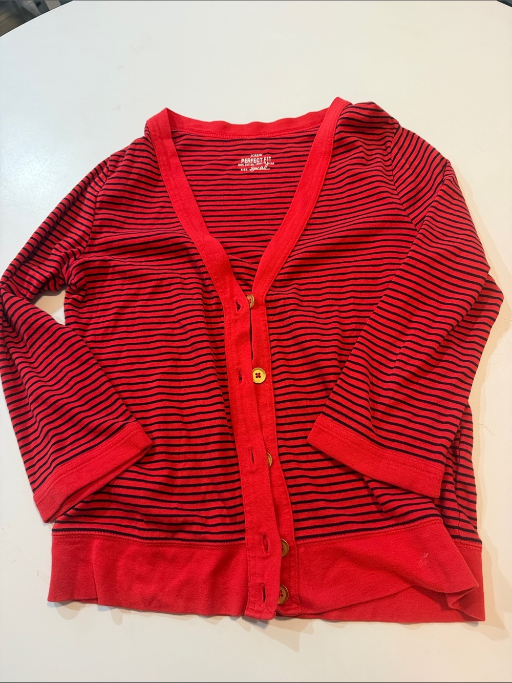 J. Crew Red with Black Thin Stripe V-Neck Cardigan